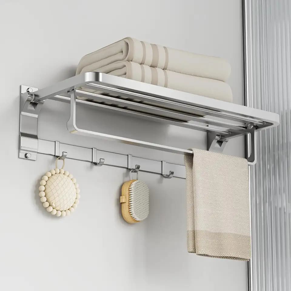 Foldable Wall Mounted Towel Rack, 23 Inch Rustproof Aluminum Towel Shelf with Bar & 5 Hooks, Space Saving Bathroom Organizer, Silver