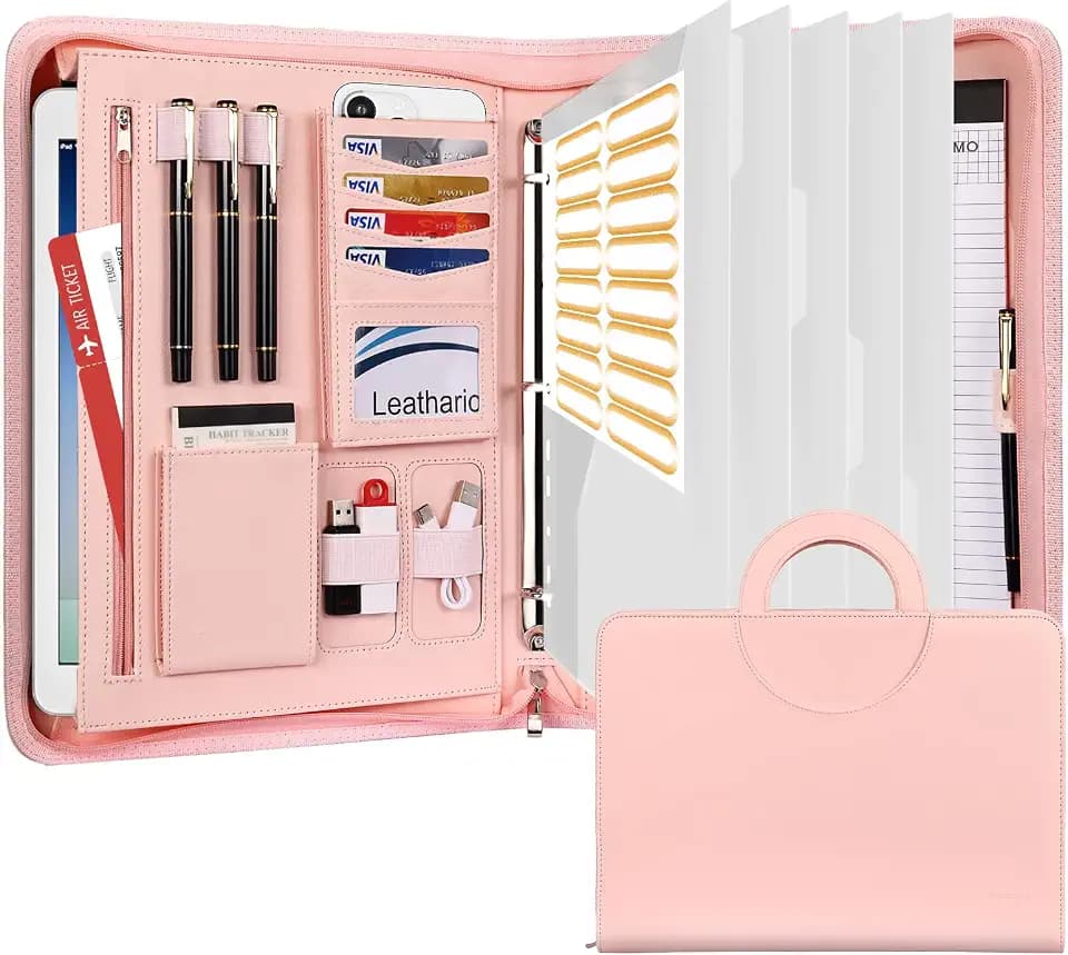 Leathario Portfolio Binder, Includes 5 Folder Index Dividers, 13 Inch Tablets Organizer with Handle, Vegan Leather A4 Padfolio, Multi-Pocket Notepad Business Planner Professional Document