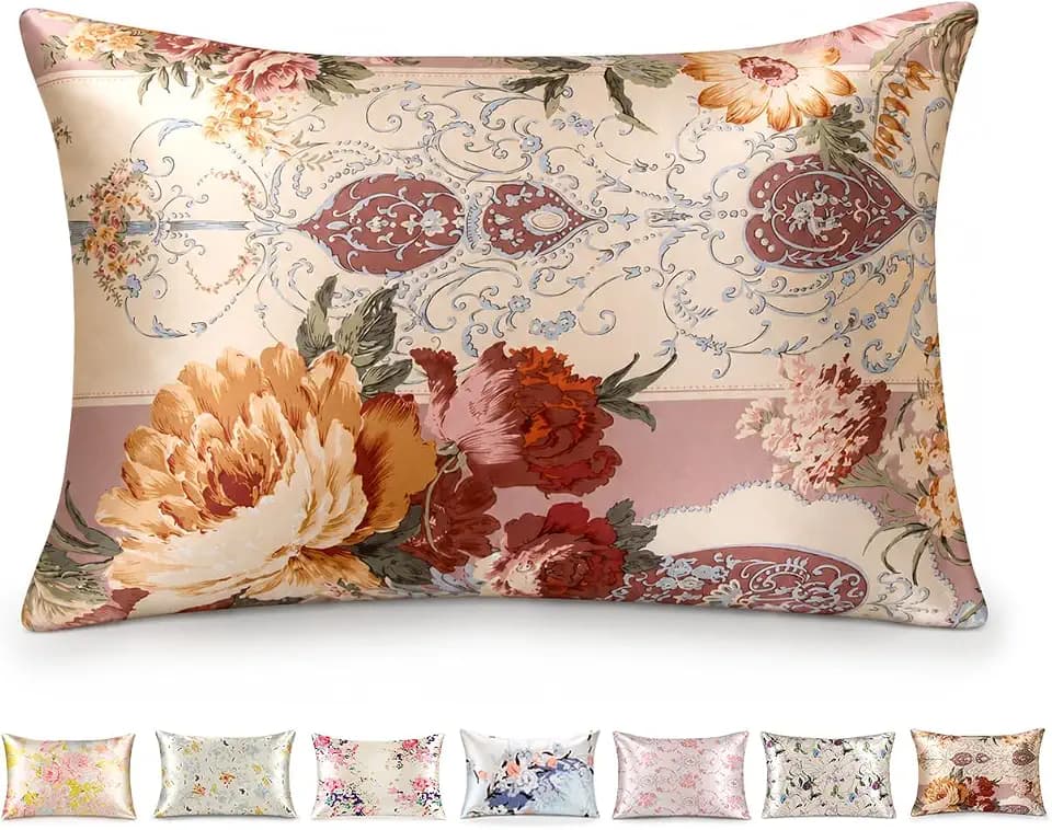 100% Mulberry 19 Momme Silk Pillowcase for Hair and Skin Care, Envelope Closure, Natural Vintage Floral Printed Cooling Slip Silk Pillow Case, Soft Breathable,1 Pack (Brown, Queen(20''×30''))
