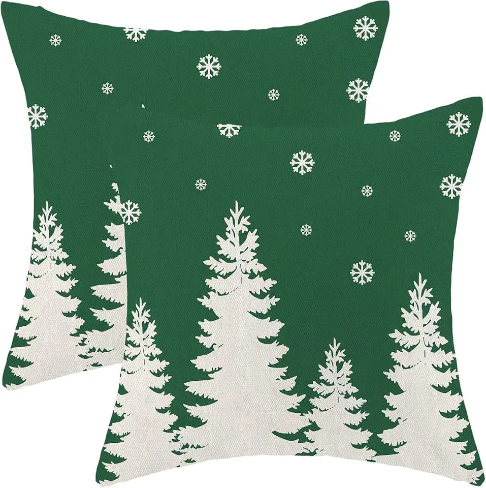 CXMEIFLY Christmas Pillow Covers 18x18 Inch Set of 2 Sage Green Cream Christmas Tree Snowflakes Decor Throw Pillows Winter Xmas Holiday Outdoor Cushion Cases for Couch Bed Decorations
