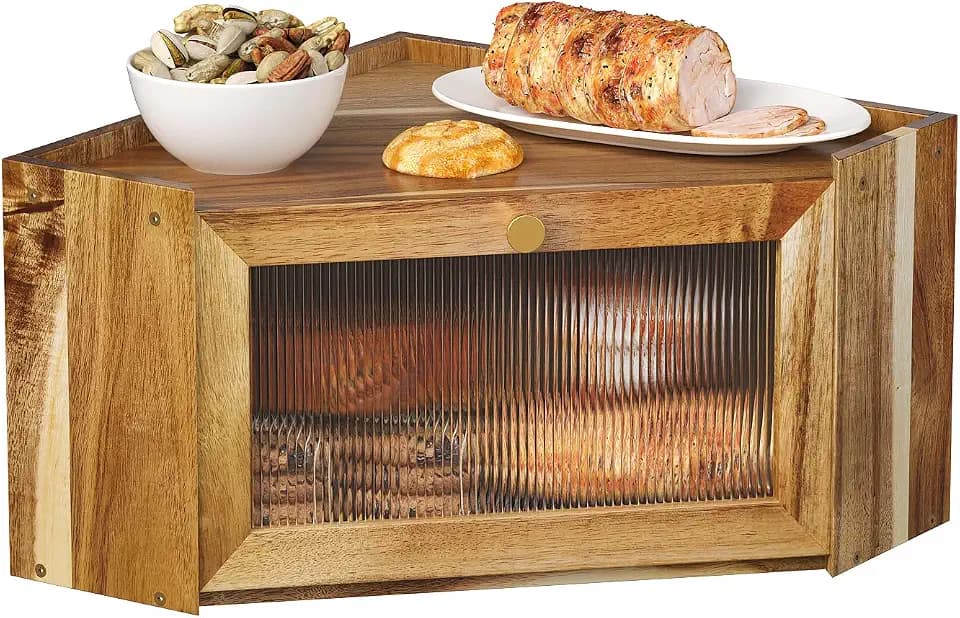 Trironsun Stylish Acacia Corner Bread Box for Kitchen Counter Wood Large Capacity Rustic Bread Storage Container with Wavy Arcylic Transparent Door for Homemade Bread (Acacia Wood)