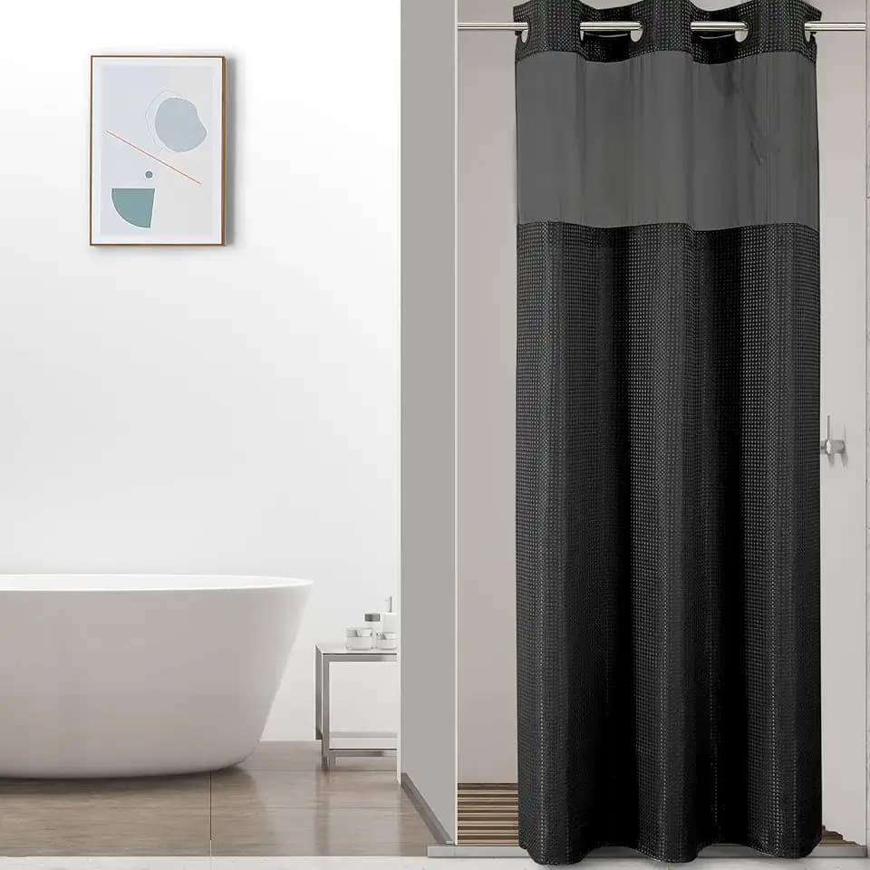 Colorful Star Black No Hook Waffle Shower Curtain with Liner, 36 x 75 Inch