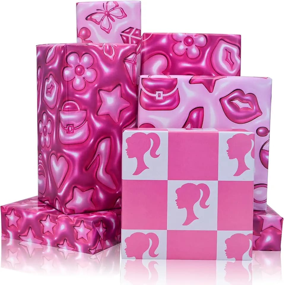 Vnaaem 3D Effect Girl Birthday Wrapping Paper 8 Pc Pink Princess Design Gift Wrap Paper for Girls Birthday DIY Craft Party Wedding Baby Shower Holiday 19.6 X27.8Inch