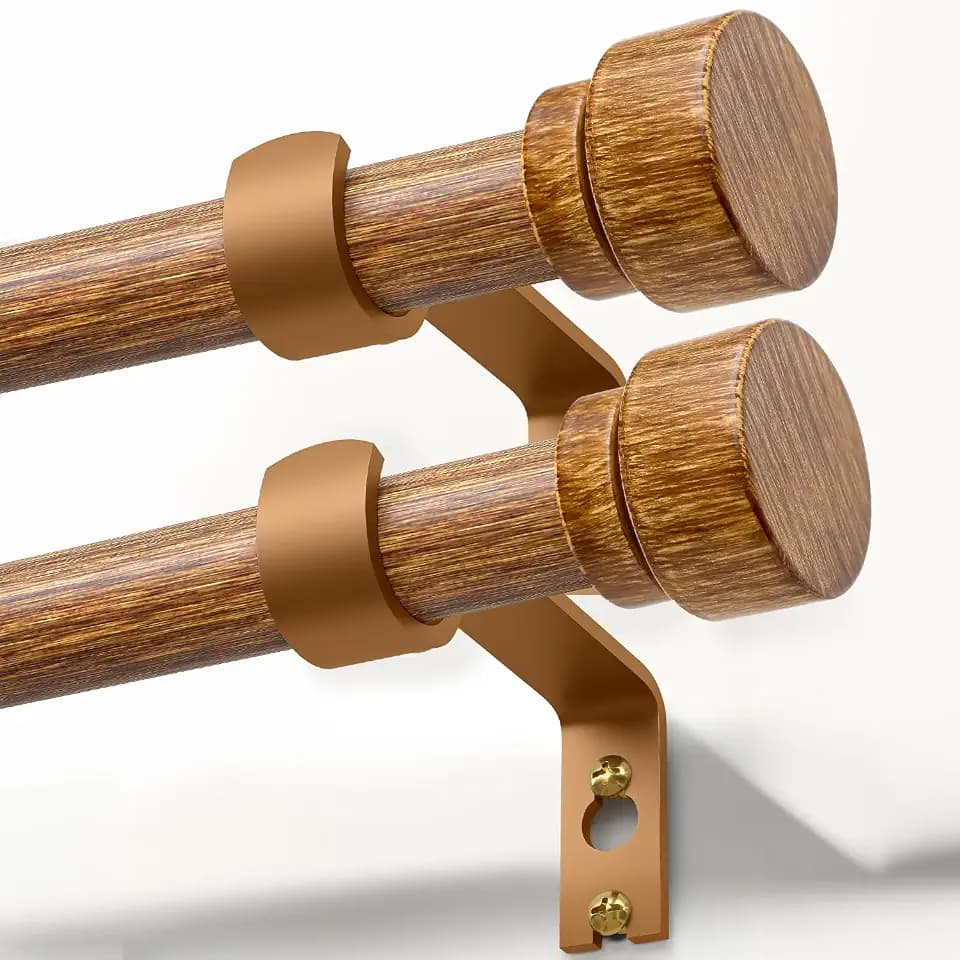 Lootkell 2 Pack Wood Curtain Rods for Windows 28 to 48 Inches 1" Diameter Boho Decorative Heavy Duty Window Curtain Rod Set Adjustable with Handmade Wood Grain Design for Living Room Bedroom Kitchen
