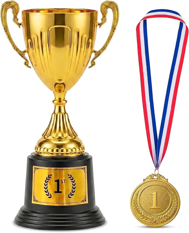 1st Place Trophy Award Set – 8.86in Gold Plastic Trophy with 1.97in Gold Metal Medal, Pre-Applied 1st Sticker, Winner Trophy for Sports, School, Classroom, and Party Games