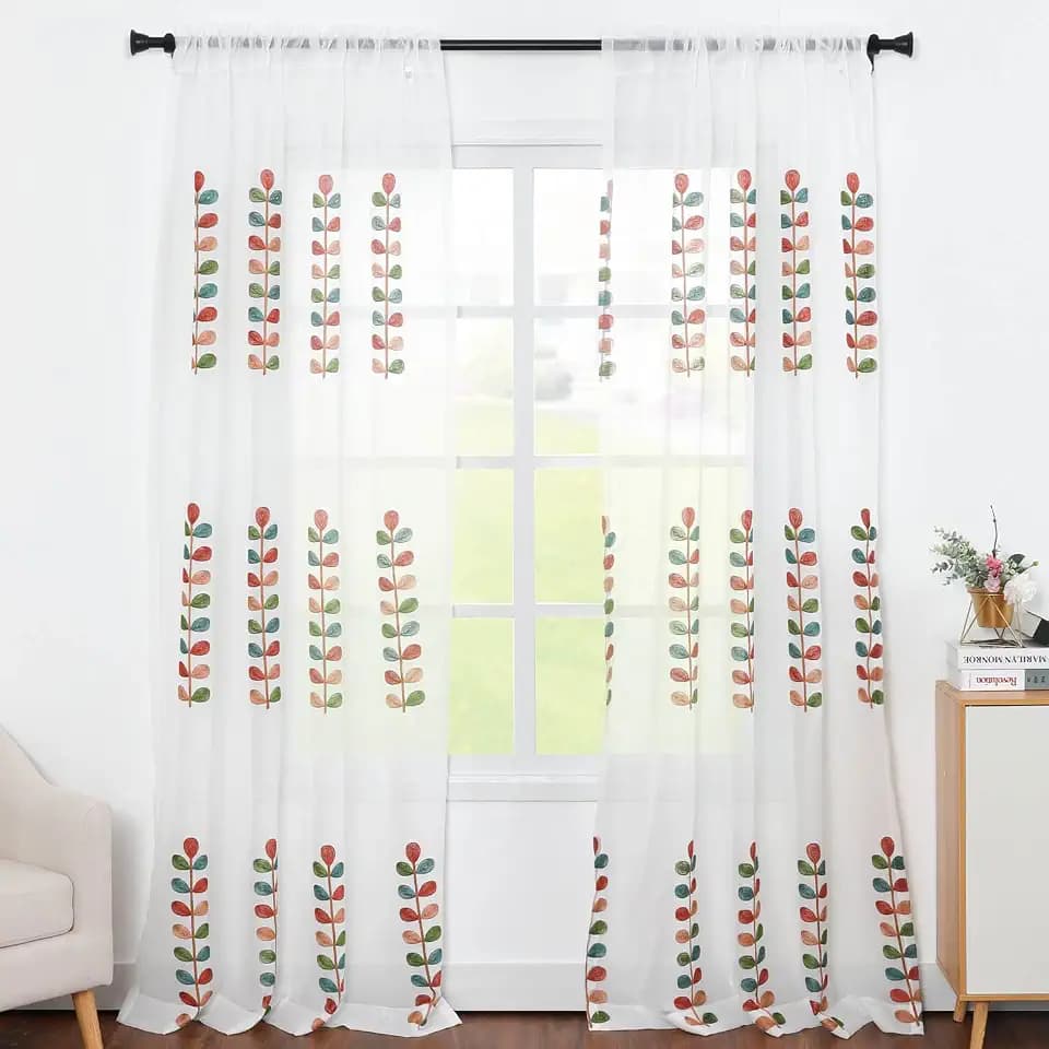 VOGOL Leaf Embroidered Sheer Curtains, 60 x 106, Grommet Top, 2 Panels