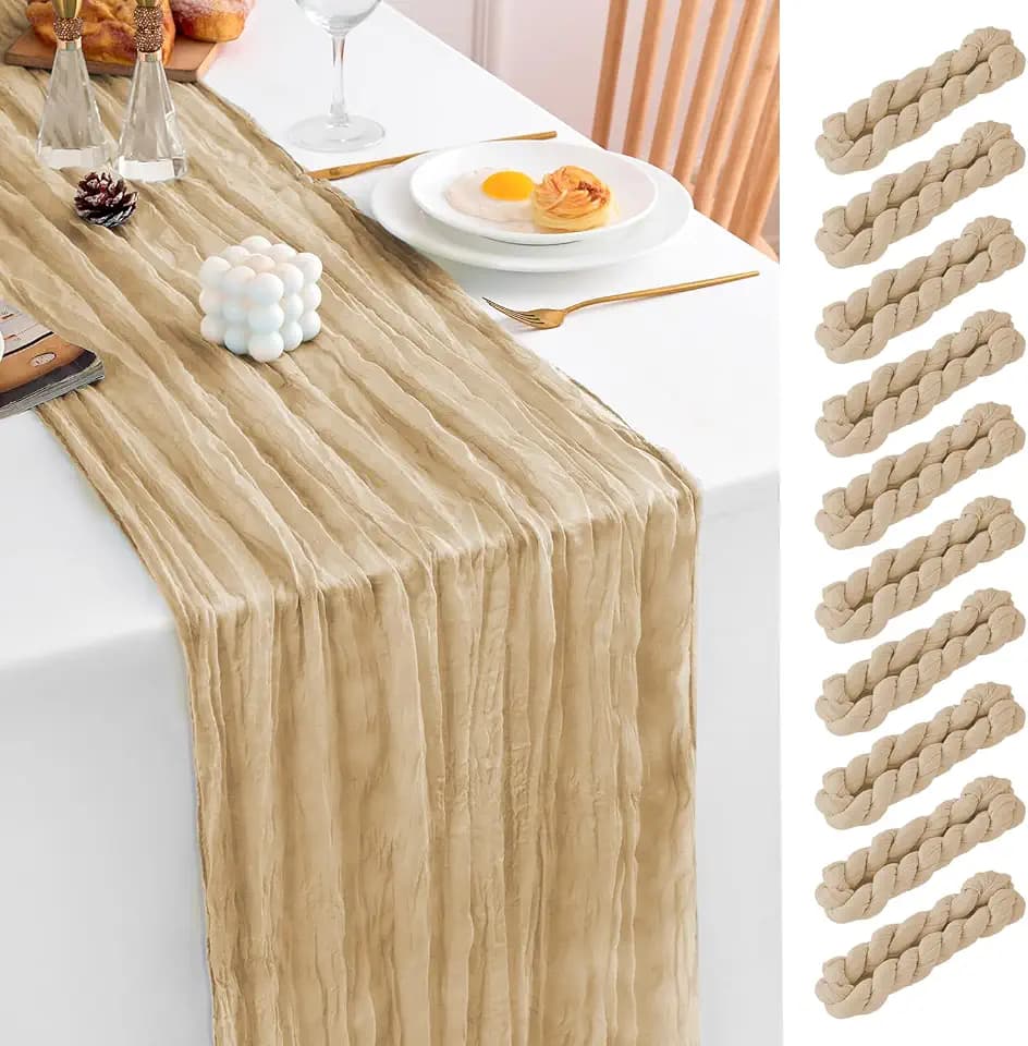 10 Pack Beige Table Runner 21x120 Inch Beige Cheesecloth Table Runner 10FT Rustic Boho Gauze Table Runners Long Cheese Cloth Table Runner Semi Sheer Runners for Wedding Bridal Baby Shower Party