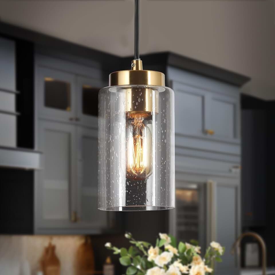 KSANA Black Gold Pendant Light, Modern Brass Hanging Pendant Lighting with Cylinder Seeded Glass Shade for Kitchen Island, Dining Room, or Bedroom