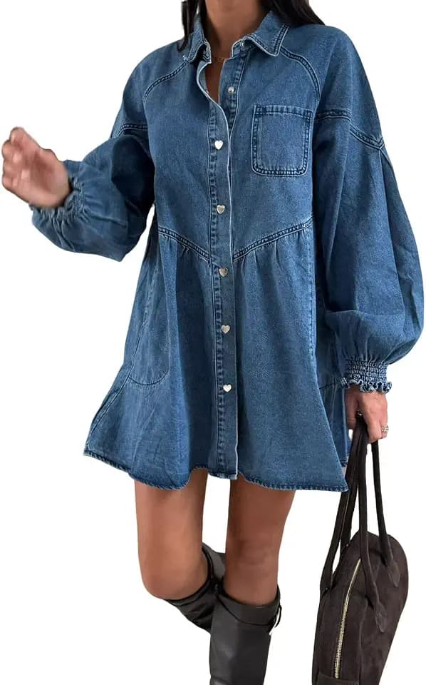 utcoco Women's Denim Shirt Dress Long Sleeve Heart Button Oversized Casual Mini Dress with Pockets