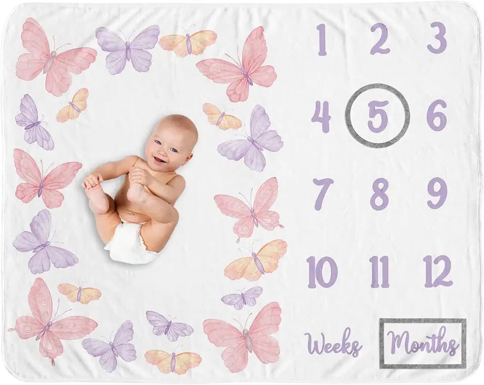 Sweet Jojo Designs Baby Milestone Blanket (Pink/Purple Shabby Chic Butterfly) for Girls, Infant Receiving Blankets for First Year Monthly Newborn Photography Props (Colorful, Watercolor, Butterflies)