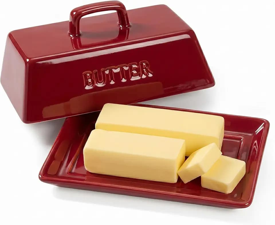 Kook Ceramic Butter Dish with Lid, Extra Large, Wide, Serving Tray, Red