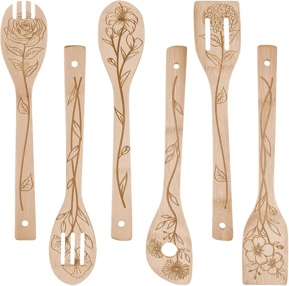 GLOBLELAND 6Pcs Floral Bamboo Cooking Utensils Set