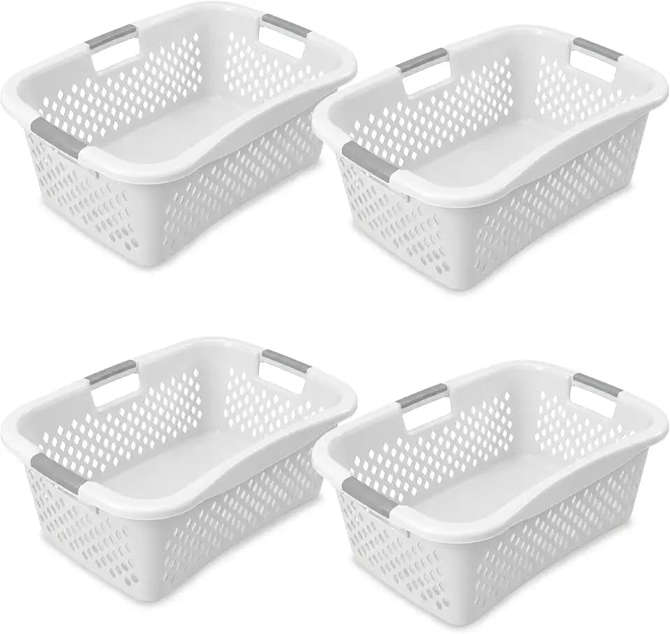Home Logic 1.5 Bushel Plastic Laundry Basket Front Load, Large Laundry Hamper with Handles, Ventilated Clothes Organizer for Bedroom Bathroom Closet, 4 Pack, White