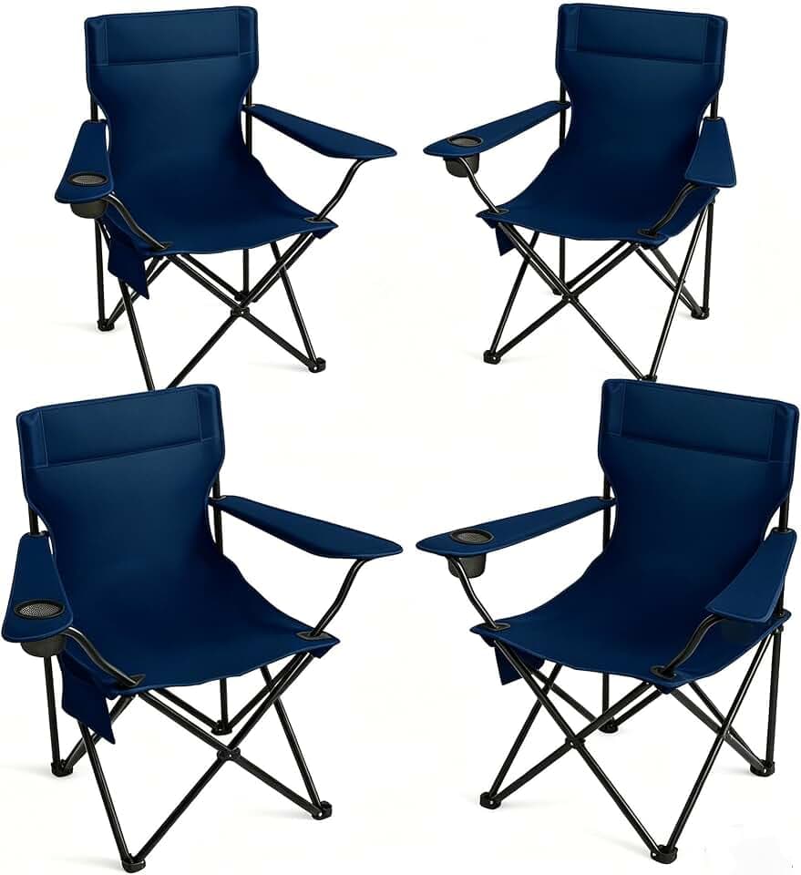 Portable Camping Chair 4 Pack, Folding Outdoor Chair with Cup Holder & Side Pocket for Camping, Hiking, Picnic, Beach (Navy Blue)