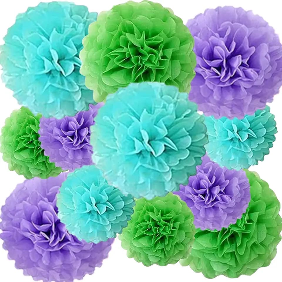 Green Blue and Purple Paper Pom Poms (12 Pack) - Hanging Tissue Flowers for Birthday Party Ceiling Decorations