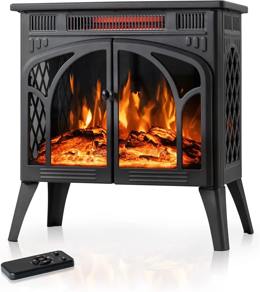 Electactic 24Inch Electric Fireplace Stove , Free-Standing Infrared Fireplace Stove, Controllable 3D Flame, 4 Variable Flame&Log Colors, 1500w, 5100BTU, Black (S230B-BLACK), 23.5"L X 10.7"W X 24.3"H