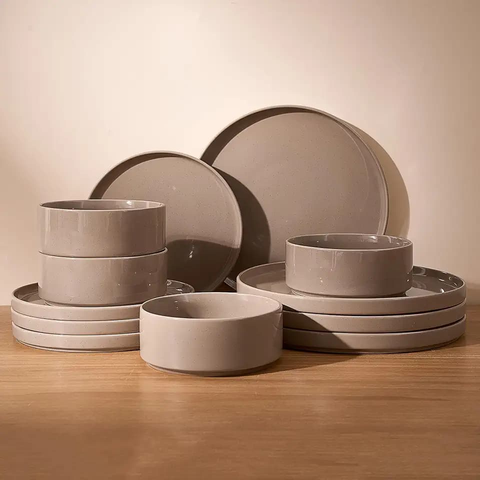 Famiware Nebula Plates and Bowls, 12-Piece Dinnerware Set, Cinnamon Brown