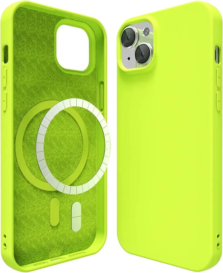 oakxco Silicone Case for iPhone 13 Mini/ 12 Mini Case Magnetic, Compatible with Magsafe Wireless Charging, Slim Thin Soft Rubber, Girly Cute Bright Hard Mag Safe Cover, Fluorescent Neon Green Lime