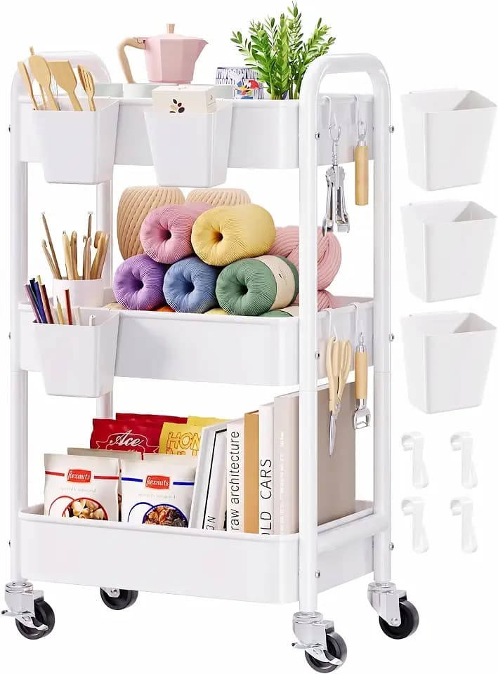 3 Tier Rolling Cart Metal with Wheels, White Three Tiered Carts on Wheels