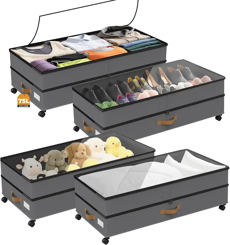 75L 4 Pack Adjustable Under Bed Storage with Wheels