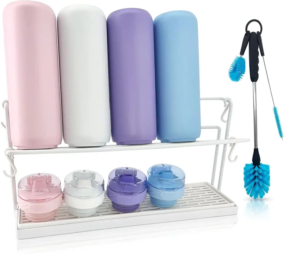Water Bottle Drying Rack for Kitchen Counter – Cup Drying Rack, Tumbler, Mug & Glass Drying Rack Drying Rack, 2 Tier with Drain Tray and Cleaning Brush Set (White)