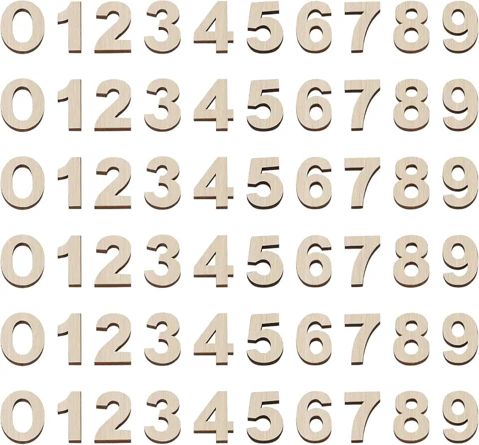 60 Pcs Wood Numbers for Crafts 1.2 Inch Mixed Wooden Numbers Unfinished Wood Sticker Small Wooden House Number for DIY Crafts 0 to 9, Totally 6 Sets
