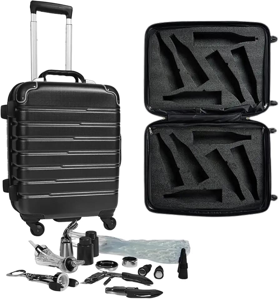by VinGardeValise 12-Bottle Hard Shell Wine Suitcase with Hinomoto 360° Spinner Wheels – TSA Approved Wine Luggage with Removable Foam Insert and 18 Wine Accessories
