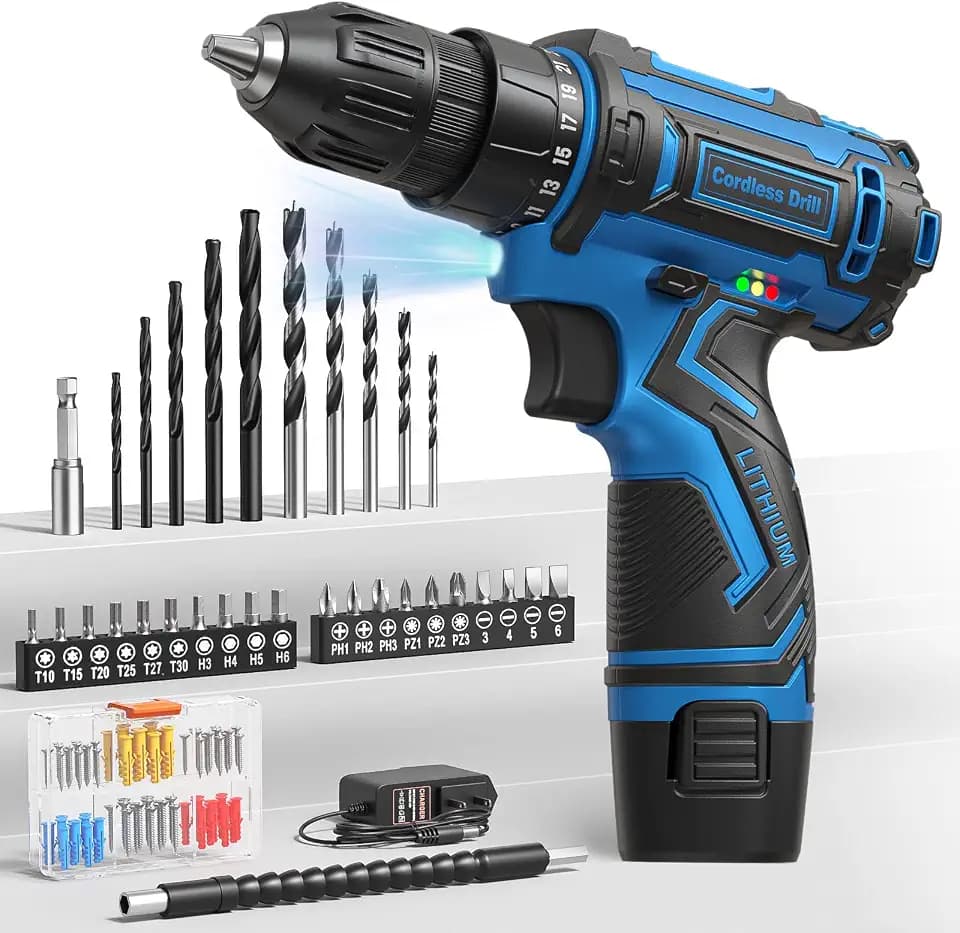 Cordless Drill Set,12V Power Drill Driver 3/8" Keyless Chuck with 92 Acessories, Built-in LED Light, 25+1 Position, Electric Drill for Home DIY Projects(Blue)