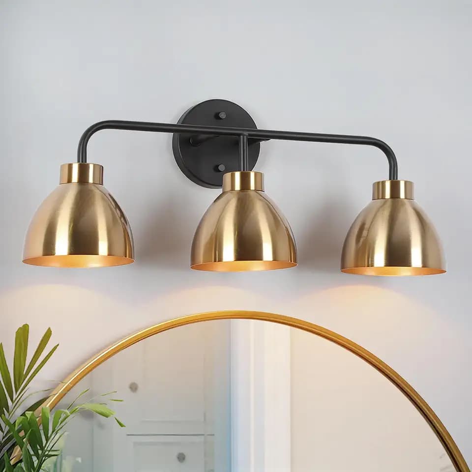 KSANA 3 Lights Black and Gold Bathroom Vanity Light, Modern Metal Brass Dome Shade Light Fixture for Mirror, Bathroom, or Powder Room