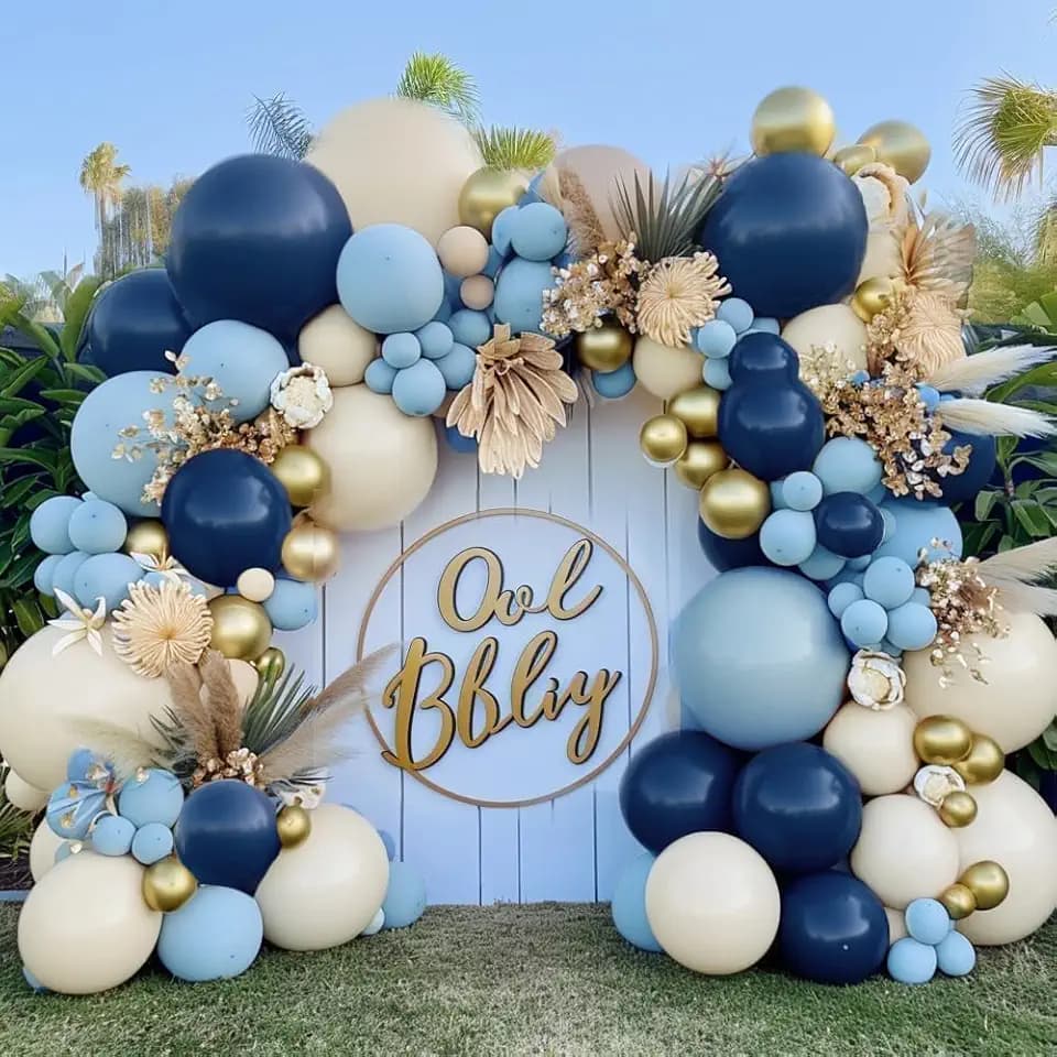 Navy Blue Balloon Garland Double Stuffed Dusty Blue Gold White Sand Balloons Beige Cream Metallic Latex Arch Kit for Neutral Baby Shower Birthday Gender Reveal Graduation New Year Party Decorations