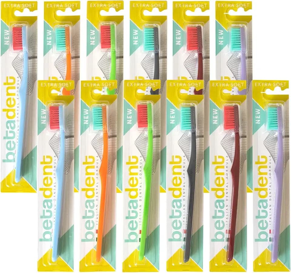 Betadent 12-teiliges Bürsten-Set mit extra weichen Borsten, abgerundete Spitzen, Anti-Plaque, anatomisch, 12 Stück, verschiedene Farben