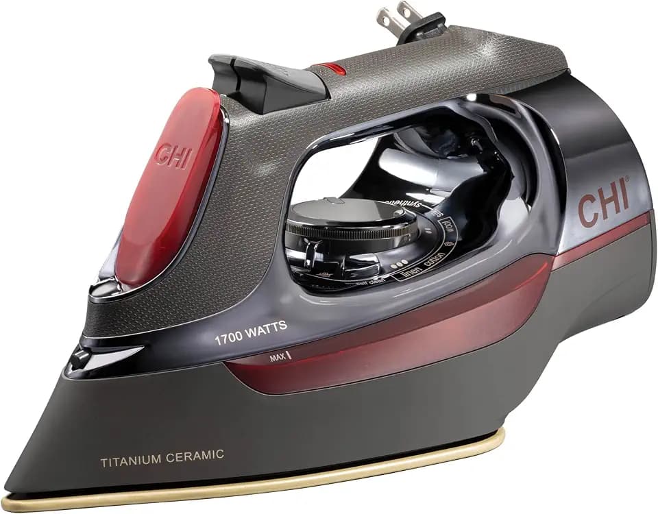 CHI Steam Iron for Clothes with 8’ Retractable Cord, 1700 Watts, 3-Way Auto Shutoff, 400+ Holes, Professional Grade, Temperature Control Dial, Titanium Infused Ceramic Soleplate, Black/Chrome (13109N)
