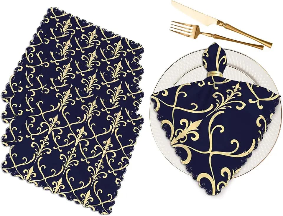 Yibeas Baroque, Damask Cloth Napkins Set of 4 Soft Gold and Blue-Black Ornament Polyester Dinner Napkin for Family Restaurant Weddings Parties 18 x 18 inch
