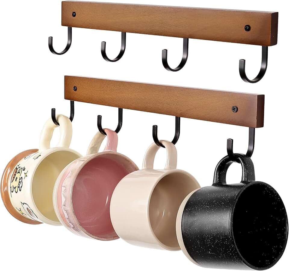 SCUNDA Mug Hook for Wall, 180° Swivel Hooks for Cups, Wooden Wall Mounted Rotatable Hooks for Hanging Mugs, Hats, Keys, Kitchen Utensils, Robe, Towel, Strong Metal Hook with Wood Base (2, Brown)