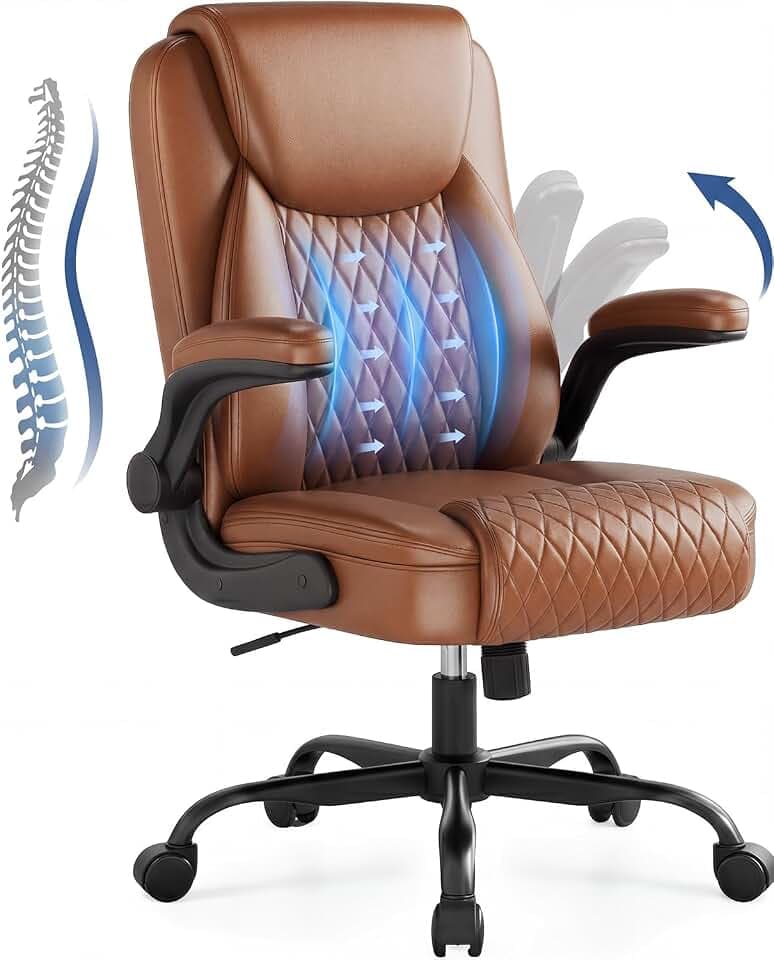 GTPOFFICE Executive Office Chair with Comfortable Lumbar Support, Ergonomic Gaming Chair with Flip-up Armrests & Zoned Pressure-Relief Cushion, Comfy PU Leather Desk Chair, Brown