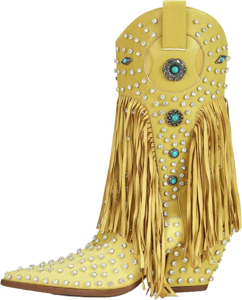 sexytag Fringe Cowboy Boots Rhinestone Embellishments Mid Calf Cowgirl Boots Turquoise Flower Studded Western Booties