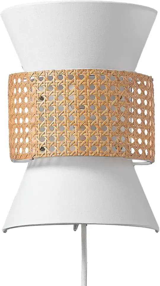 Globe Electric 65925 2-Light Plug-in or Hardwire Wall Sconce, Matte White Fabric Shade with Natural Rattan Accent, 6ft Braided Cord, in-Line Rocker Switch, Modern Lighting for Apartments or Renters