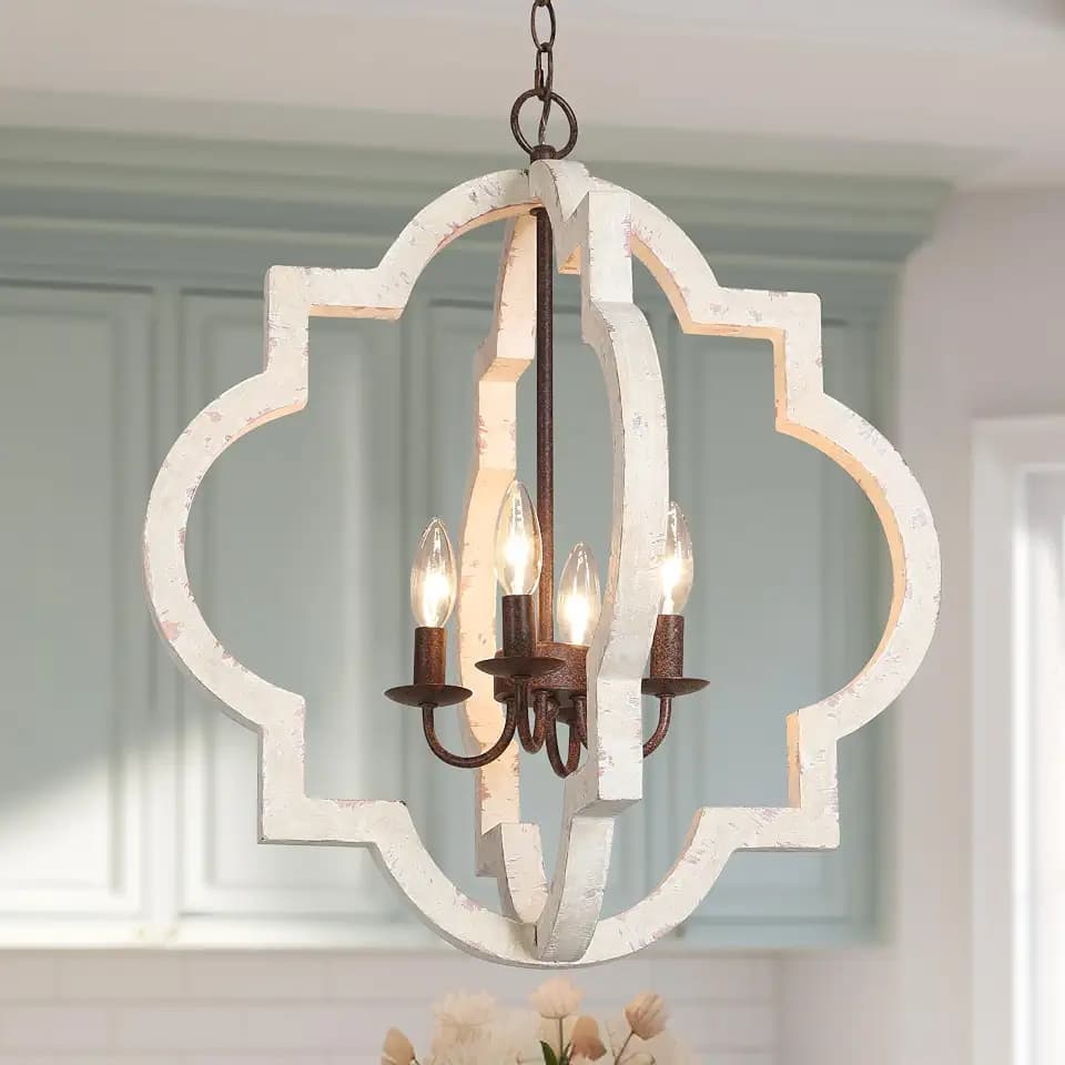 LALUZ Farmhouse White Wood Chandelier, Rustic 4-Light Distressed Pendant Light with Rust Brown Metal Frame, French Country Lighting Fixtures Adjustable Height for Dining Room, Kitchen Island, Foyer