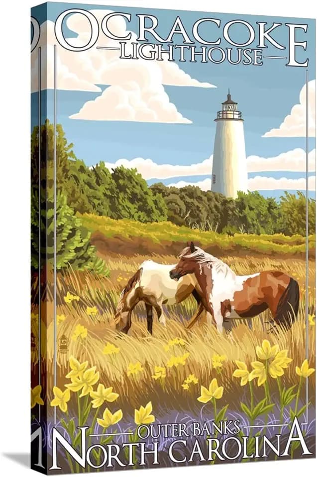 ART.COM Stretched Canvas Print Ocracoke Lighthouse - Outer Banks, North Carolina by Lantern Press, 12" x 18"
