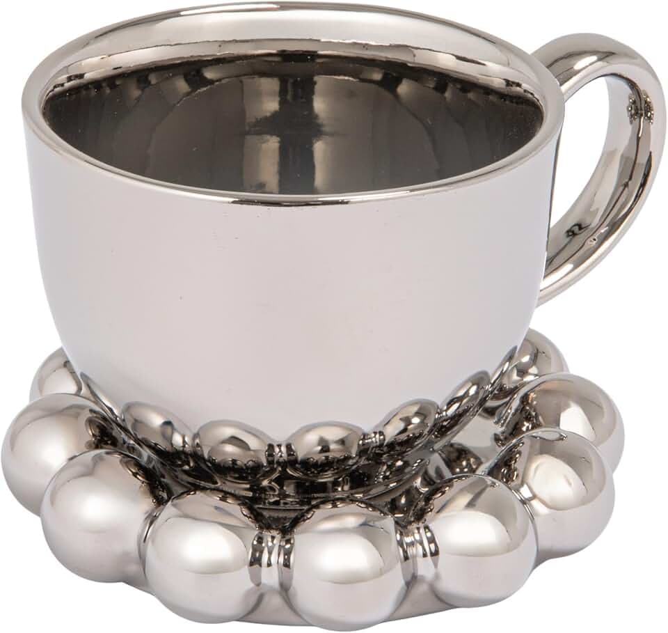 Bloomingville 12-Ounce Stoneware Mug with Ball Edge Saucer, Chrome-Finish