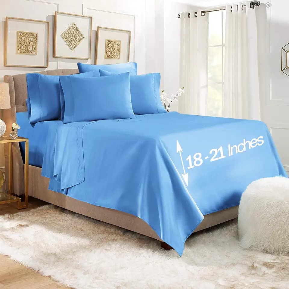 Empyrean Extra Deep Pocket Fitted Sheet - 6 Piece Sheet Set – Soft 110 GSM Deep Pocket - Deep Fitted Sheets Set - 56 x 75 inches - Full Size Sheets - Calm Blue