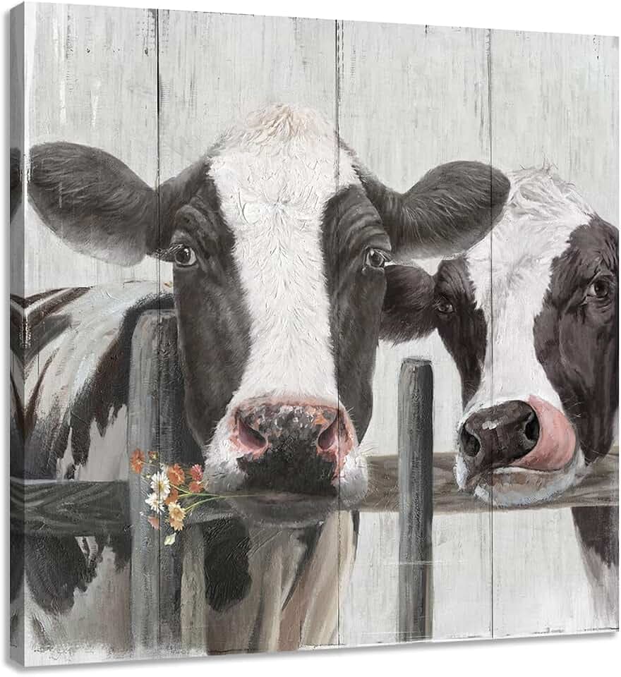 Couple Cow Pictures Canvas Wall Art Print, Farm Cows Animal Painting for Bedroom Bathroom and Kitchen Decor Framed, 20 x 20 Inch