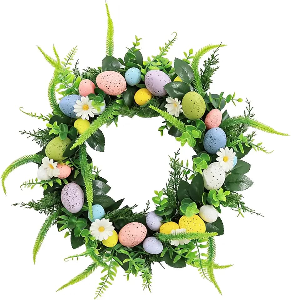 Glitter Easter Egg Wreath for Front Door – 20 Inch Artificial Floral Hanging Decoration with Flowers & Green Leaves – Spring Home Décor Accent – Appropriate for Indoor and Outdoor Use, 50cm