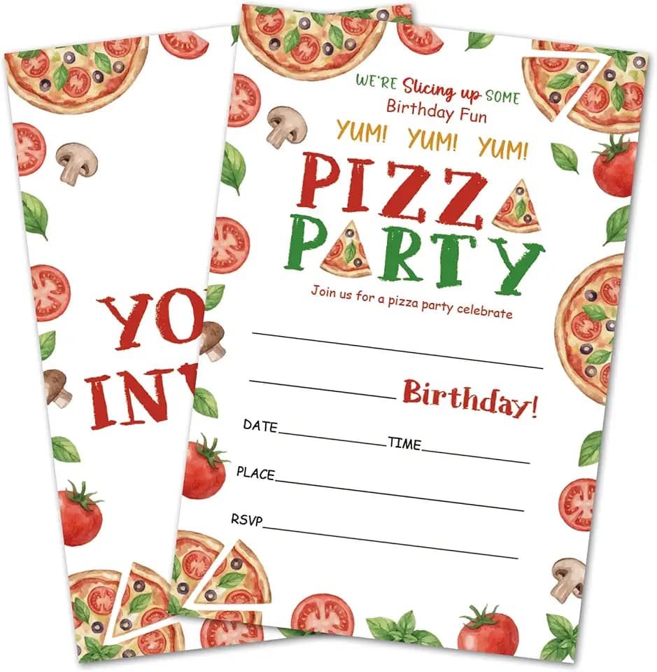 Pizza Birthday Invitations, Pizza Party Invitations for Boys Girls Kids Teens, Birthday Party Celebration Favors Supplies, 20 Invitation Cards With Envelopes -05