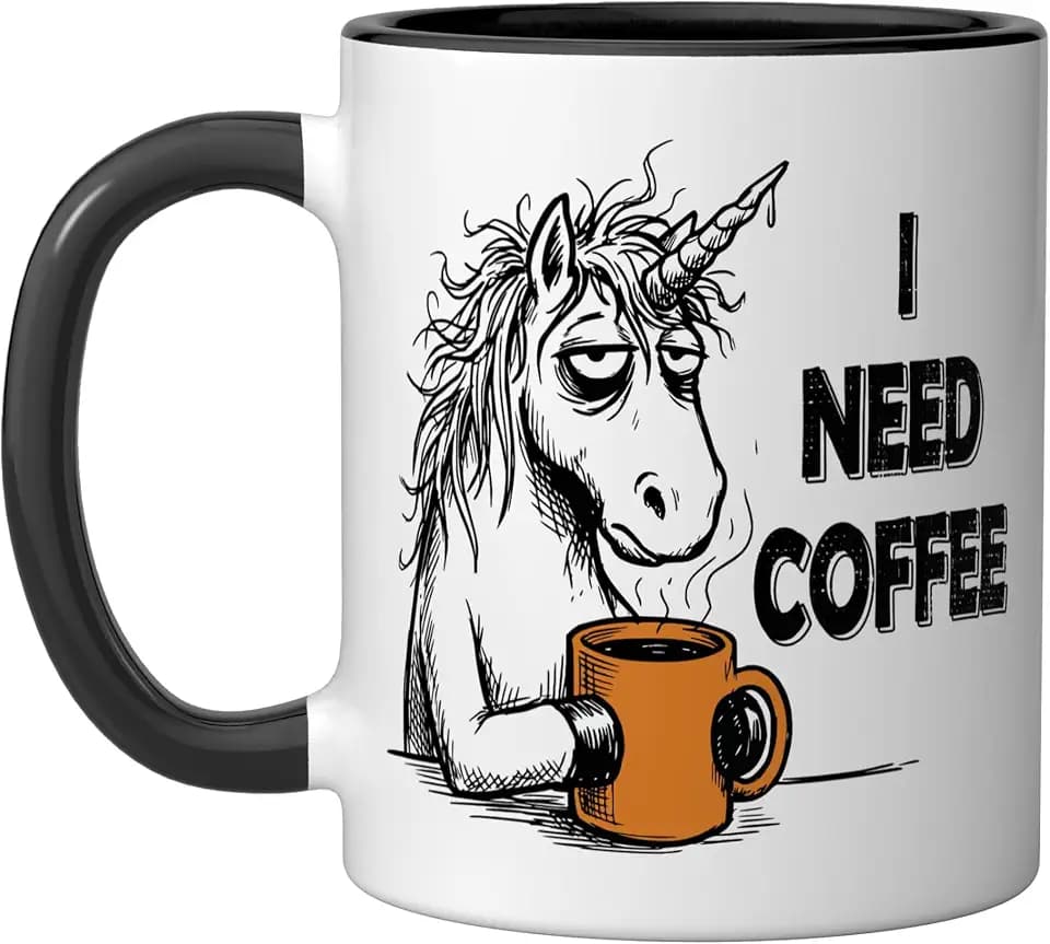 I Need Coffee Tired Unicorn Funny Caffeine Lover Morning Ceramic Mug, Black/White, 11oz