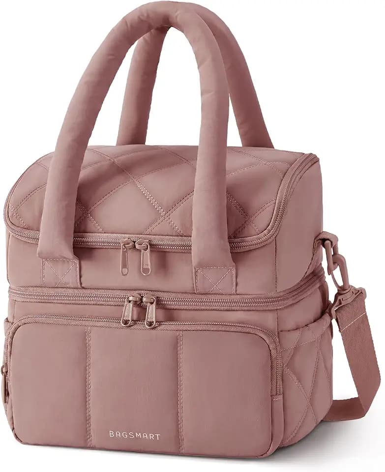 BAGSMART Lunch Bag Women, Double Deck Insulated Lunch Box, Dark Pink