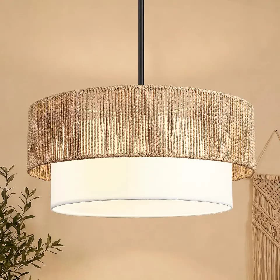 19" Rattan Chandelier for Dining Room, Linen Boho Dining Room Light Fixture