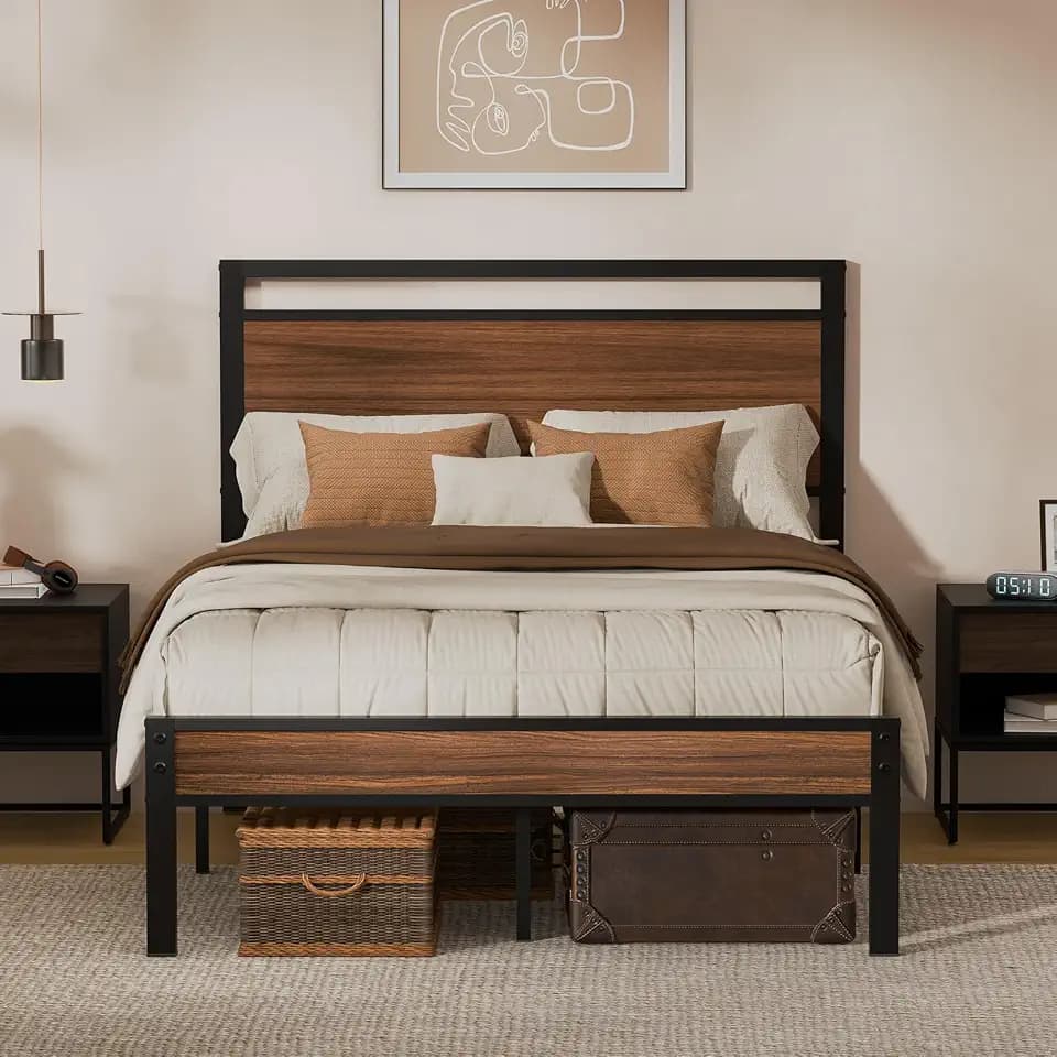 Z-hom Full Metal Bed Frame&Wooden Headboard&Footboard,No Box Spring,Walnut