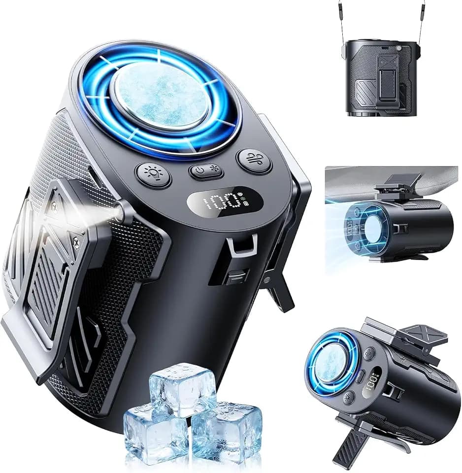 Portable Waist Fan with Ice Cooling, 4-in-1 Clip-On Fan for Car/Shirt/Hat/Belt, 16000RPM Strong Airflow, 12H Runtime, 100 Speed Settings, Wearable Fan for Outdoor Work, Camping, Travel Black