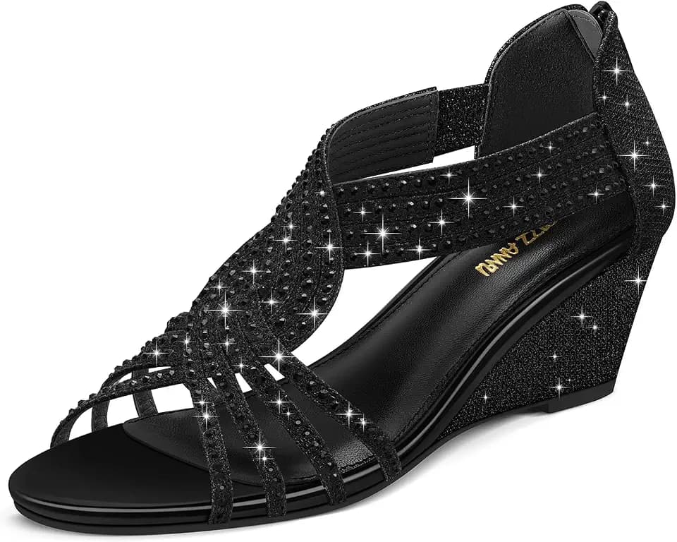 PIZZ ANNU Women's Diana Low Wedge Sandals Sparkly Rhinestone Open Toe Fashion Dress Shoes for Woman Lady in Bridal Dance Evening